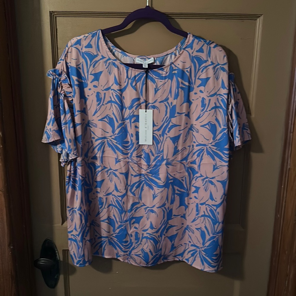 Floral Print Short Sleeve Blouse - Pink/Blue
